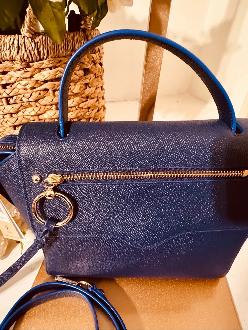 Navy Blue Leather Crossbody Satchel